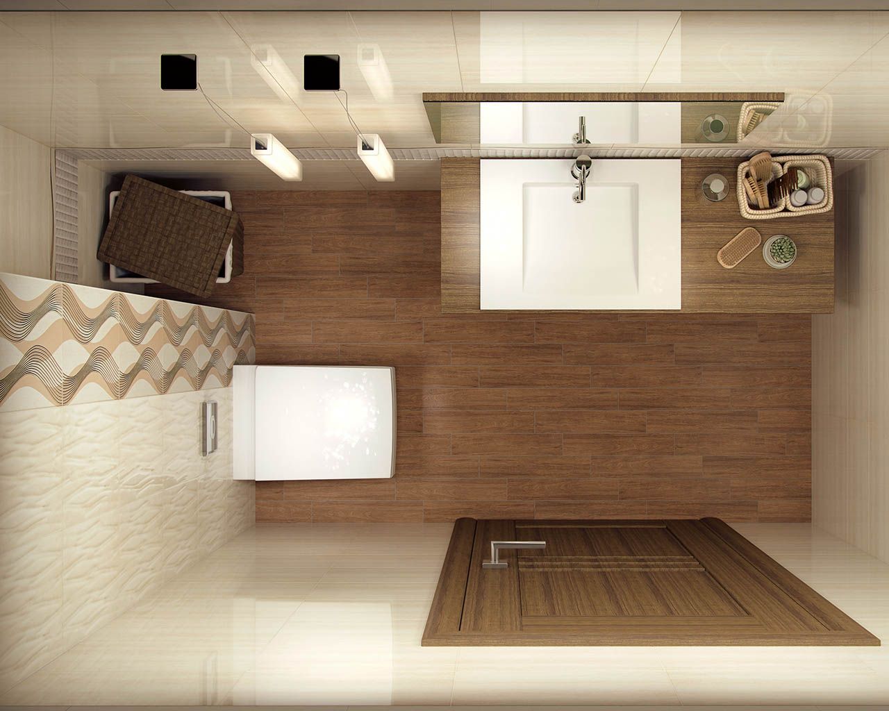 Баня Sari 25x40 - Paradyz гланцирани плочки в онлайн магазин за обзавеждане за бани KERANOVA, визуализация баня с дървесен под и светли плочки