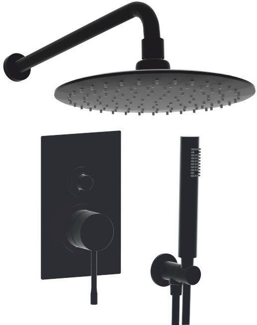 Вграден сет Alpi Blue Black - черен вграден душ комплект с тънка пита Ø20 см, стенно рамо, слушалка и смесител | KERANOVA