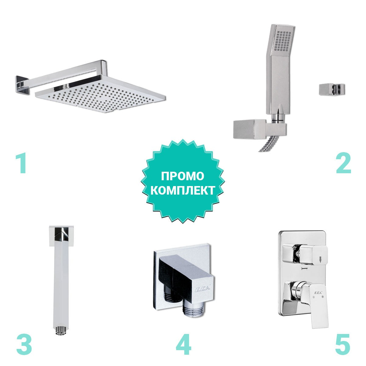 Вграден сет Tiera - комплект ELEA душ 36x24см, слушалка, държач, коляно и смесител за вграждане - KERANOVA промо комплект