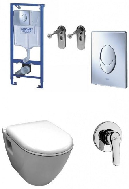 Промо пакет Serel SM12 с биде, смесител и Grohe с хром бутон - комплект Grohe структура, Skate Air бутон, конзолна тоалетна Smart SM12, смесител Paffoni