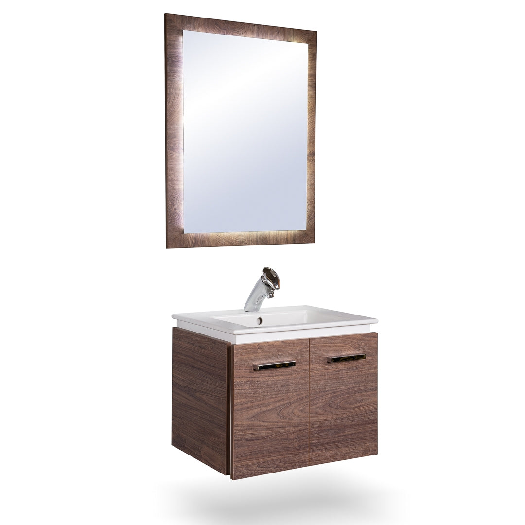 Мебел Сесил 55 см. – стенен шкаф за баня с мивка и огледало LED, PVC/HPL тъмен дъб, комплект за баня KERANOVA