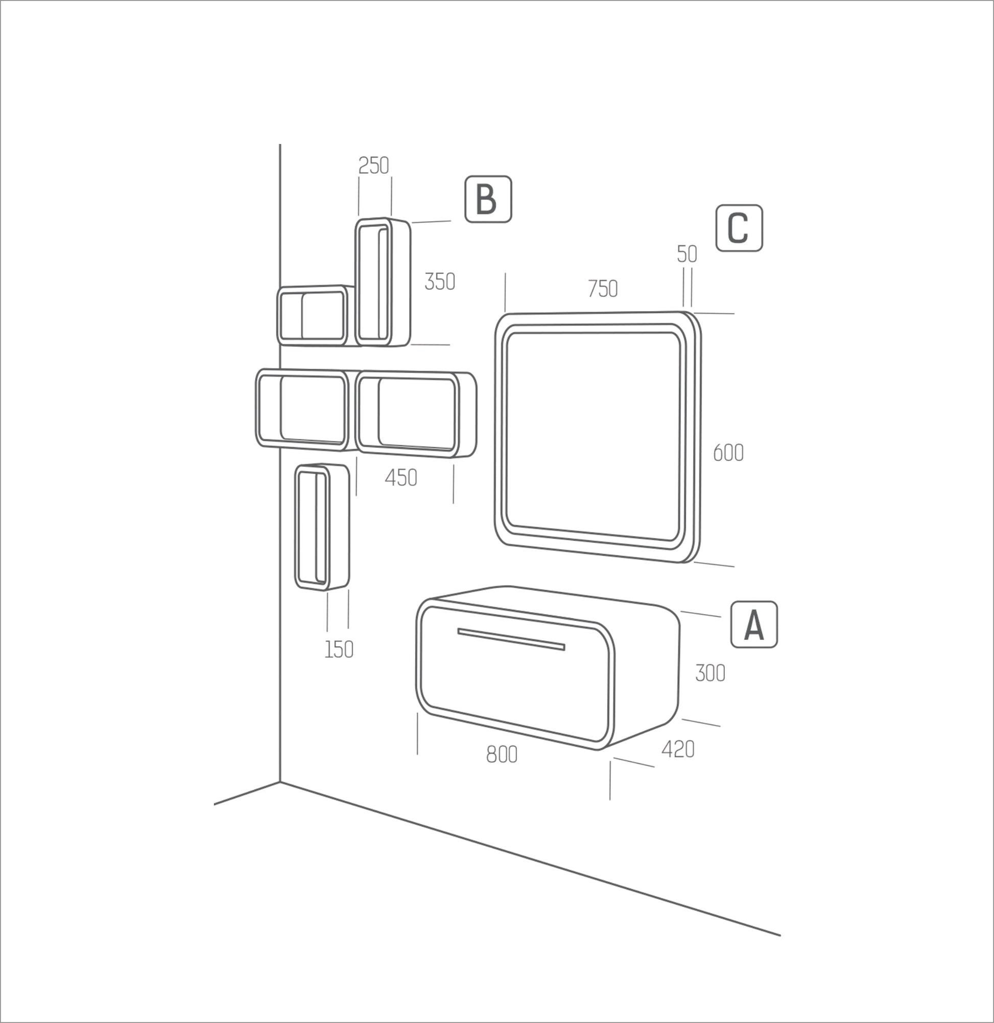 Серия Oval 80 - схема мебели за баня с шкаф мивка 80 см, огледало с LED и колони, онлайн магазин KERANOVA