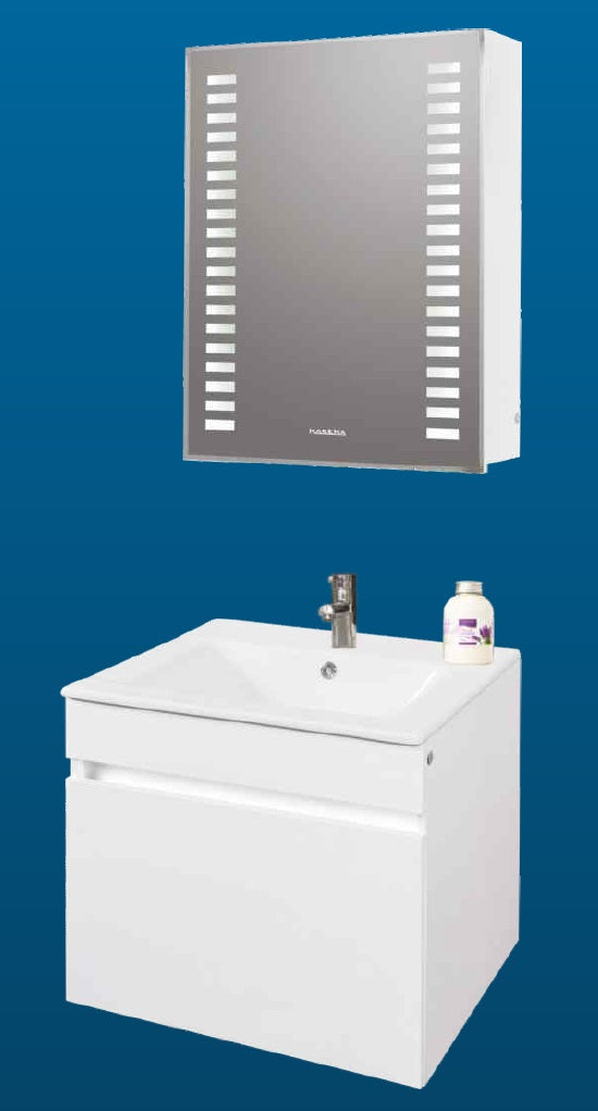 Комплект Siana 60 см. бял PVC шкаф с порцеланова мивка и огледален шкаф със LED осветление – онлайн магазин KERANOVA