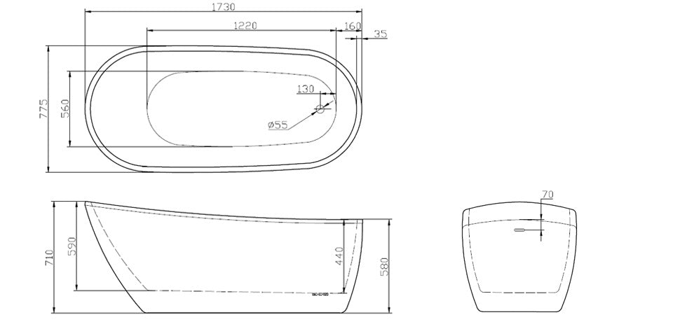 Свободно стояща вана Sierra 173х78 см. - технически чертеж с размери и изгледи, онлайн магазин за обзавеждане за бани KERANOVA
