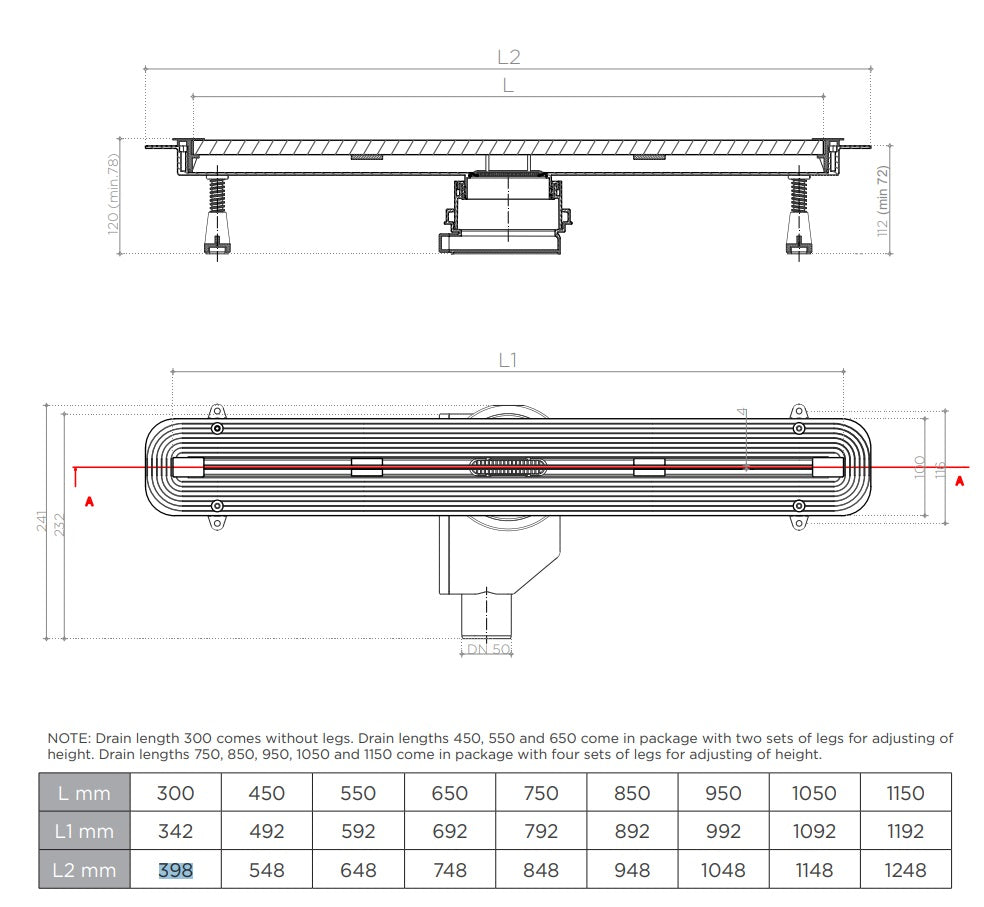 Тънък сифон Confluo Slim Line 45-115 см. - технически чертеж с размери, височина 72 мм и нивелиращи крака за онлайн магазин KERANOVA