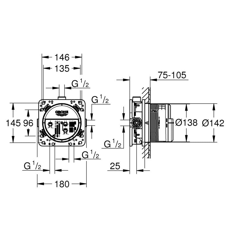 Вграден комплект Smart Control 3 - технически чертеж с размери и монтажни връзки за KERANOVA онлайн магазин за бани