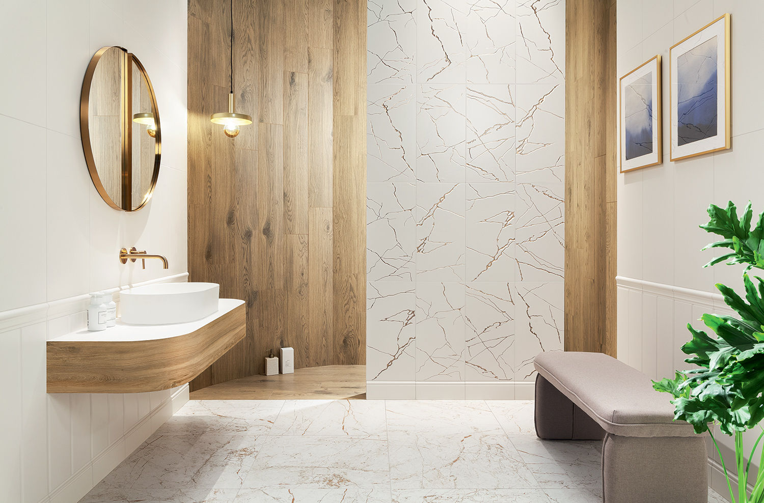 Колекция Sohpi Oro 29.8x59.8 - Tubadzin дизайнерски баня плочки в онлайн магазин KERANOVA, бял и златист мраморен ефект