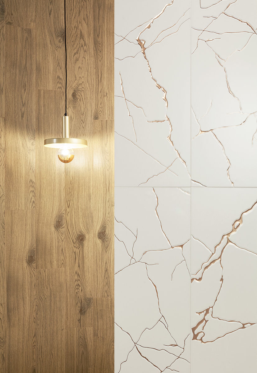 Колекция Sohpi Oro 29.8x59.8 - Tubadzin плочки бяла мраморна шарка и дървесен ефект за баня в онлайн магазин KERANOVA