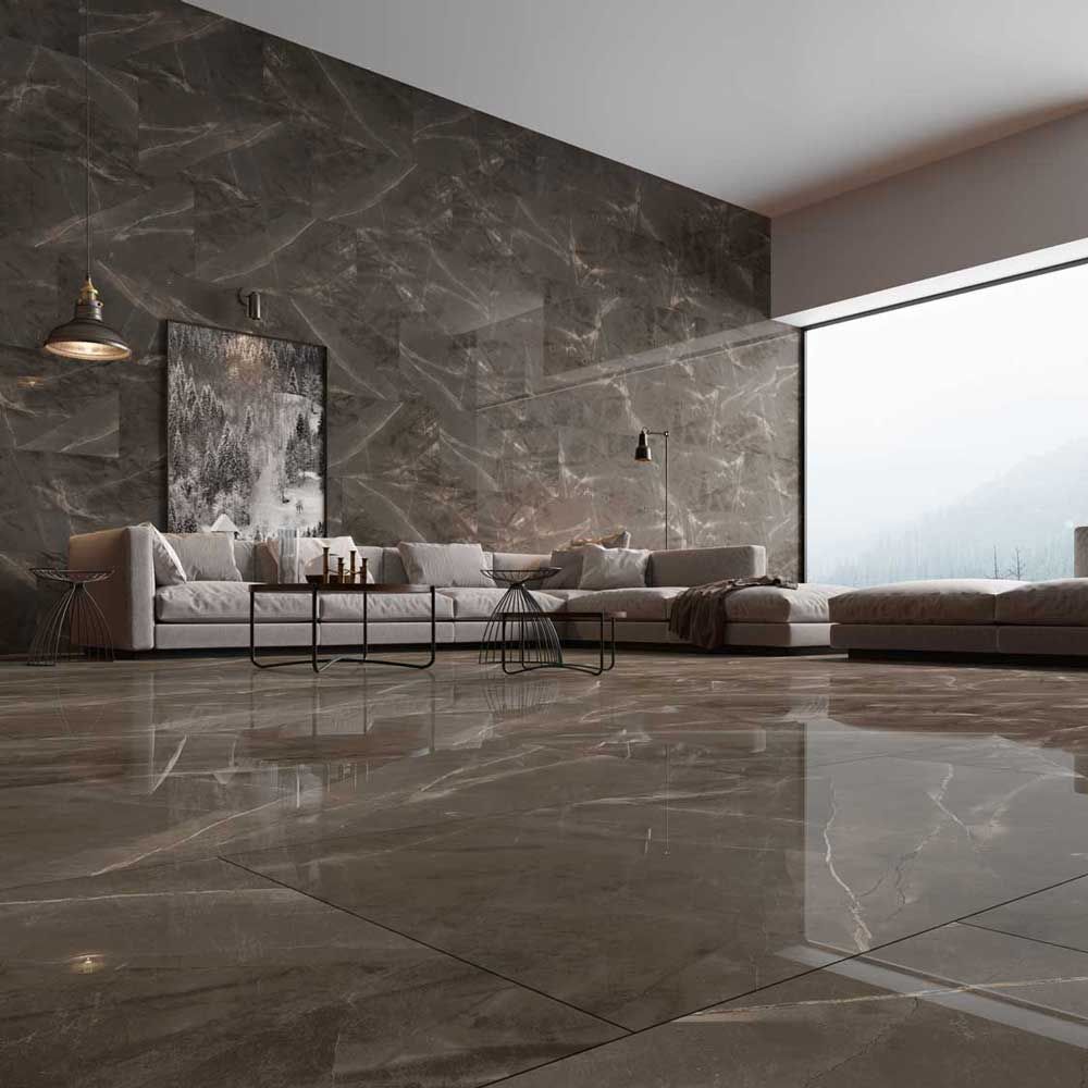Серия Space Polished 60x120 - Qua Granite - 3 цвята полиран гранитогрес в модерен хол за онлайн магазин KERANOVA