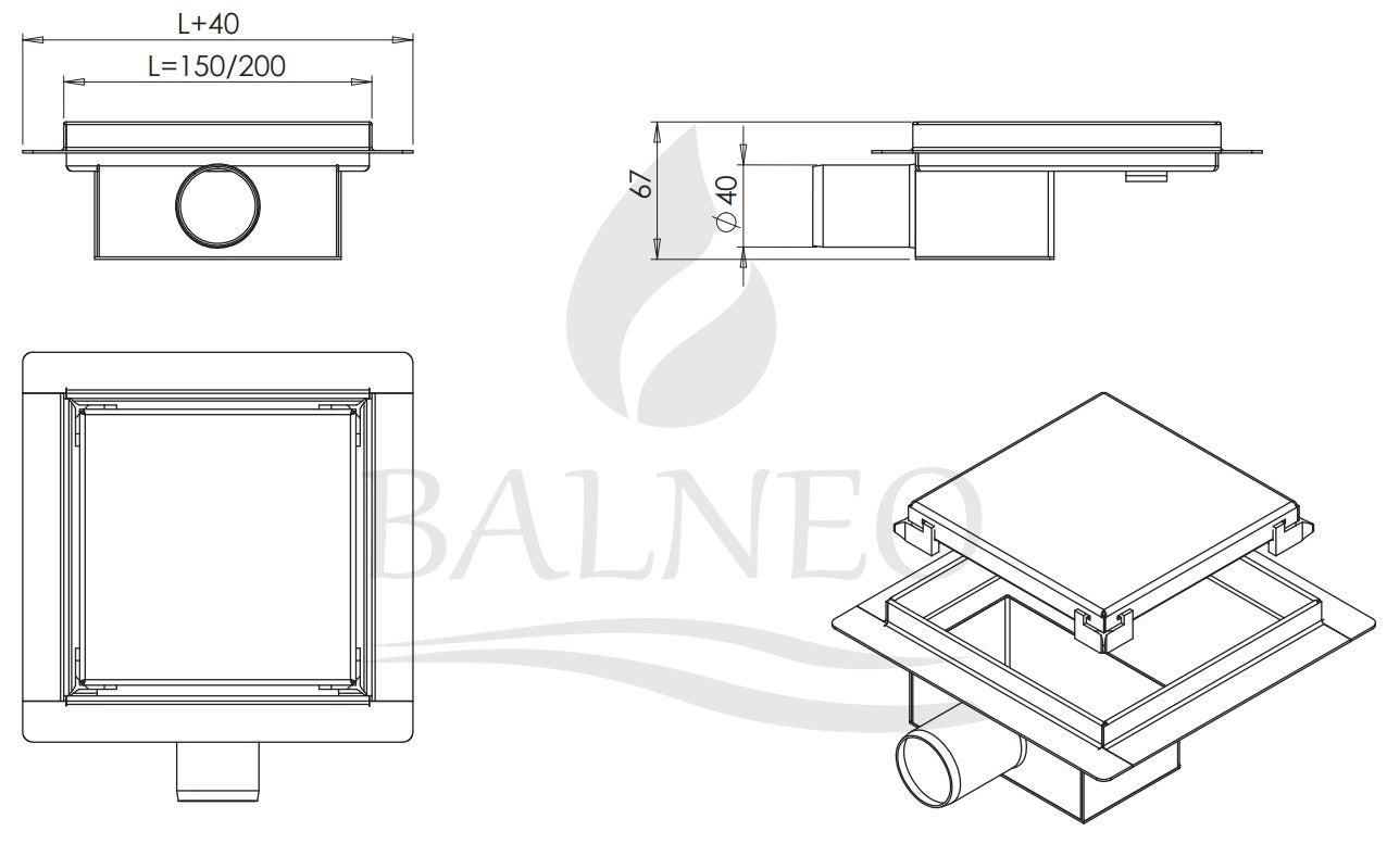 Square Drain за плочка или плътна решетка 15х15 и 20х20 см. технически чертеж с размери и монтаж, онлайн магазин KERANOVA