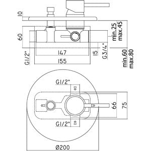 Вграден душ Stick Paffoni - технически чертеж с размери и монтажни детайли за вграден душ комплект от KERANOVA