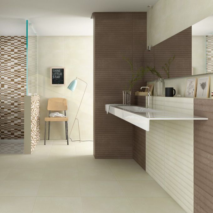 Баня Stockholm 20x60 - Halcon Ceramicas матирани бели и кафяви плочки в съвременна баня от KERANOVA онлайн магазин