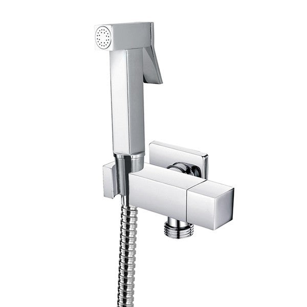 Квадратен комплект за биде със спирателен кран /само студена вода/ - хромен месингов слушалка, спирателен кран и 120см шлаух, KERANOVA онлайн магазин