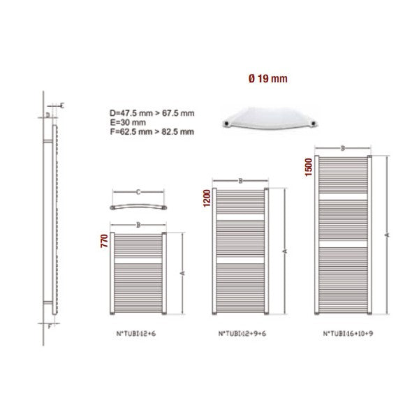 Лири за баня Opera Curved Chrome - технически чертеж и размери на извити ребра, модели 770/1200/1500 мм за онлайн магазин KERANOVA