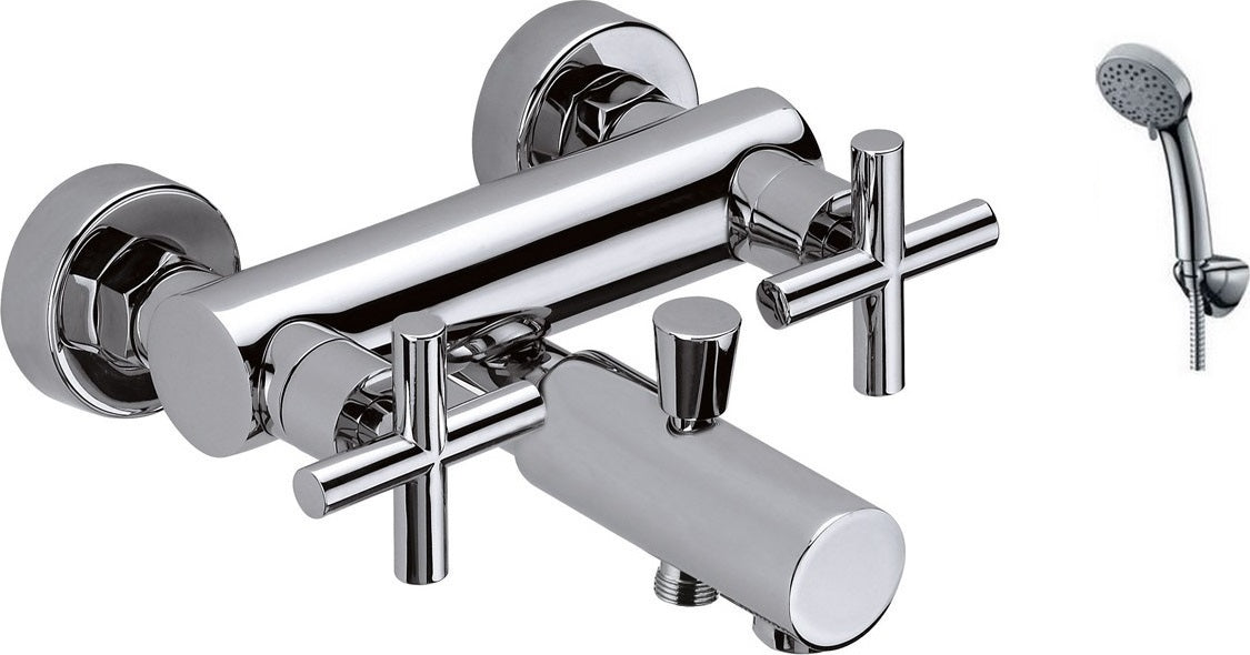 Смесител за вана/душ T7 стенен хром с чучур, слушалка, шлаух и държач – онлайн магазин за обзавеждане за бани KERANOVA
