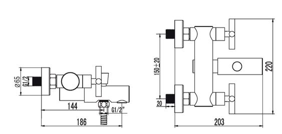 Смесител за вана/душ T7 стенен с чучур, слушалка, шлаух и държач — технически размери и схема за монтаж (KERANOVA)