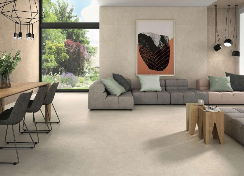 Tamy 60.5x60.5 и 60х120 см. - 3 цвята - Halcon Ceramicas матиран гранитогрес в съвременна дневна за баня KERANOVA