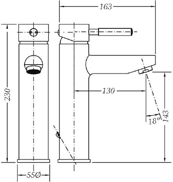 Смесител за мивка Tau издължен височина 230 мм, чертеж с размери 163x130x143 мм за онлайн магазин KERANOVA