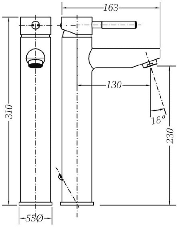 Смесител за купа Tau висок стоящ схема с размери 310 мм 230 мм и 18° ъгъл — онлайн магазин за обзавеждане за бани KERANOVA