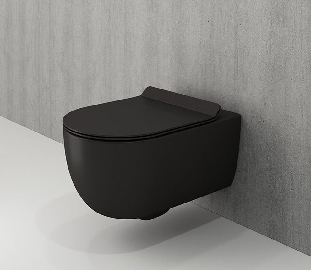 Rimless конзолна тоалетна Tondo - черен мат, модерна тоалетна чиния с изчистен дизайн и седалка със забавено падане - KERANOVA онлайн магазин