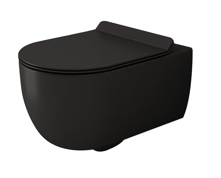 Rimless конзолна тоалетна Tondo - черен мат, модерна безръбна конзолна тоалетна с капак със забавено падане - KERANOVA онлайн магазин
