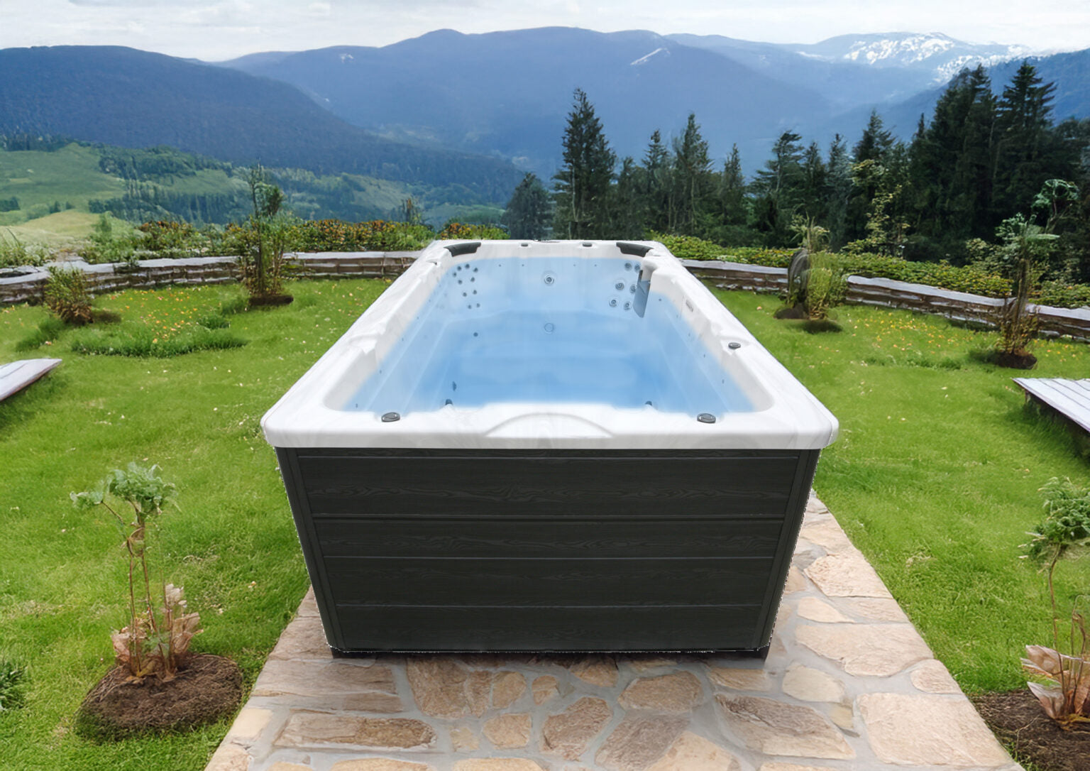 Плувно СПА Thor 400x228 см. на открито в планинска градина – компактно Swim Spa от KERANOVA за аквафитнес и хидромасаж