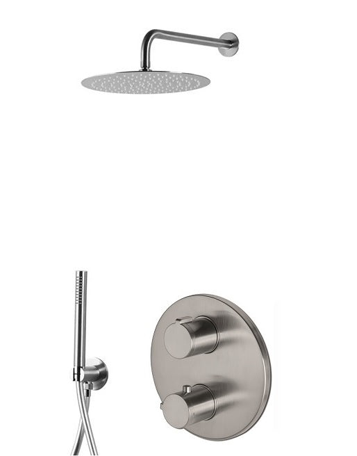 Вграден сет Vema Tiber Steel Thermo - неръждаема стомана, кръгъл душ 25 см, термостатичен смесител, слушалка, KERANOVA