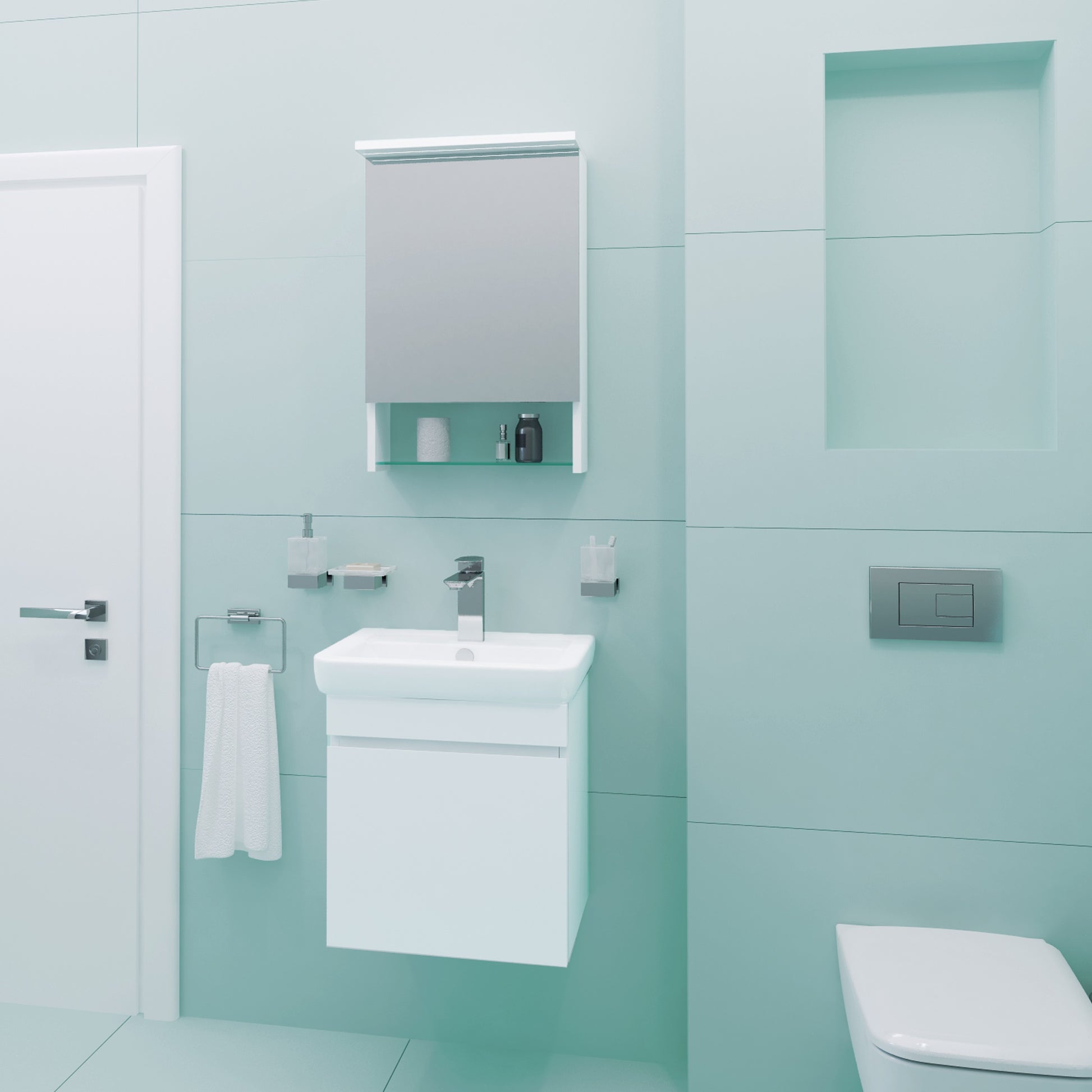 Мебел Tina 50 см. бял PVC комплект за баня с огледален горен шкаф с LED и окачен долен шкаф с порцеланова мивка - KERANOVA