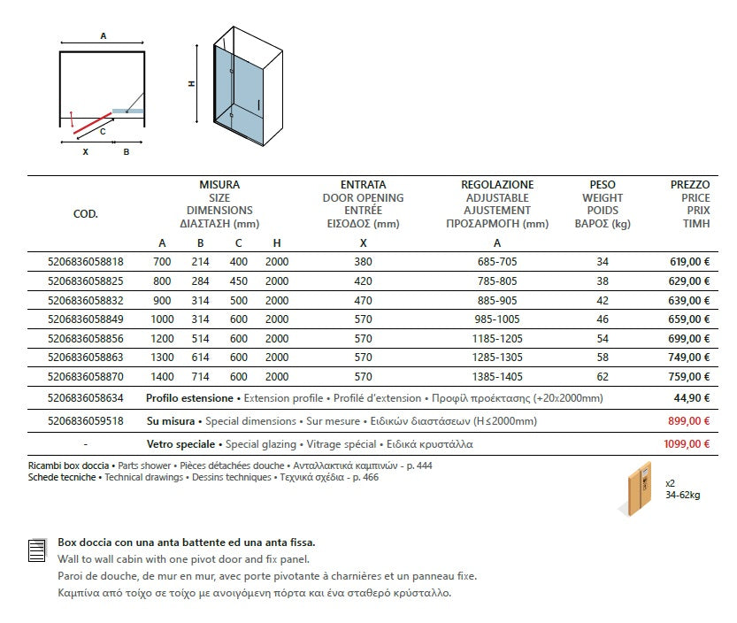 Tinos 400 - 120x200 СМ. стъклен параван за баня с една отваряема и една стационарна част, хромиран профил, 8мм закалено стъкло