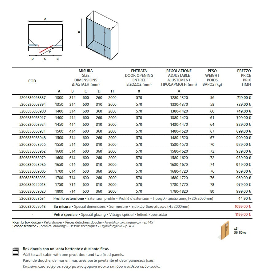 Tinos 600 - 133,5-139 СМ. стъклен параван за баня с една отваряема и две стационарни части, KERANOVA