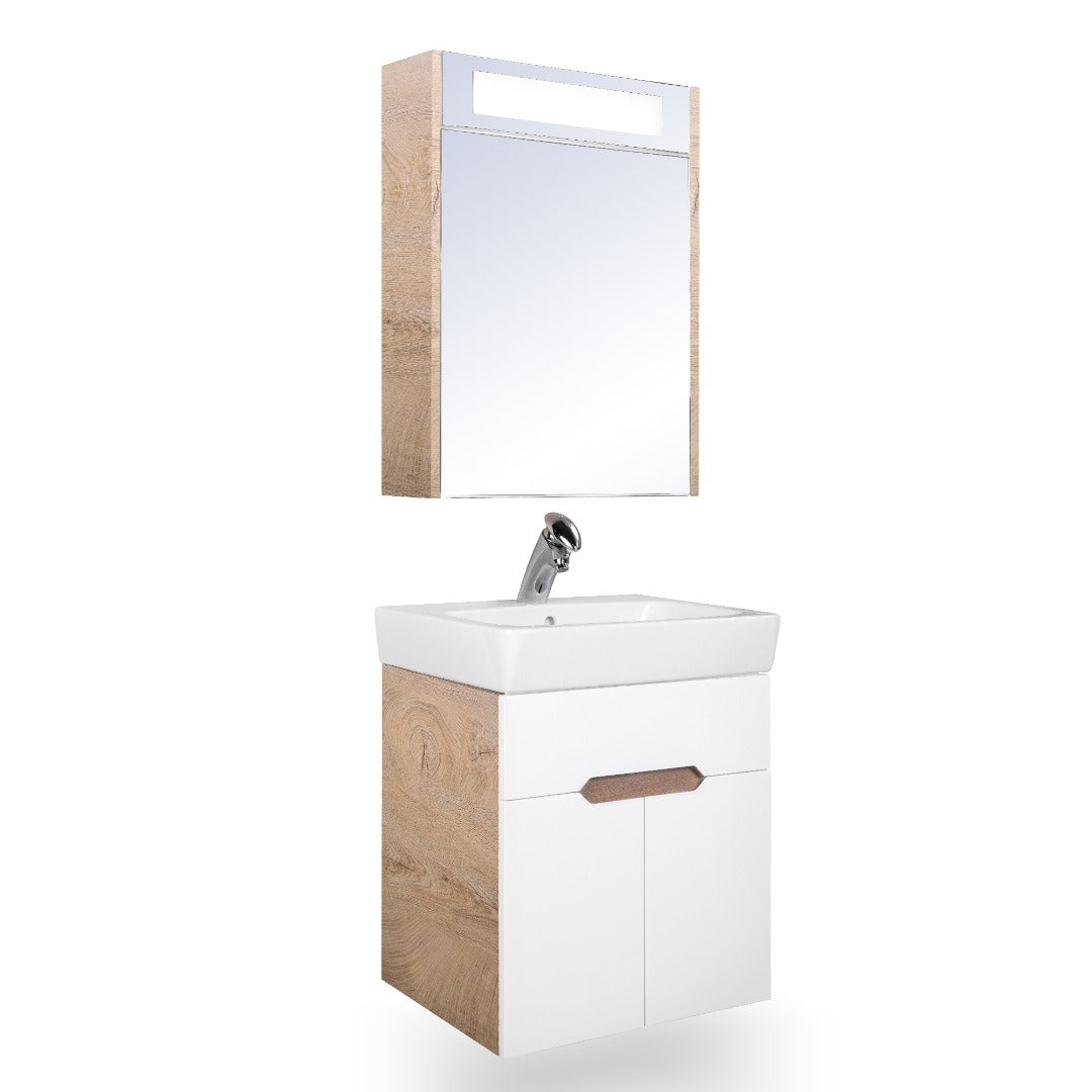 Мебел Торино 55 HPL бял PVC лак + HPL с дървесен ефект, шкаф с мивка, огледало с LED - онлайн магазин KERANOVA