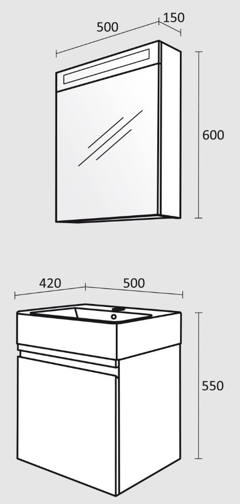 Серия Тринити 50 см. горен шкаф с огледало и LED осветление + долен шкаф с мивка Esvit 500 за онлайн магазин KERANOVA