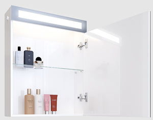 Огледален шкаф Тринити 50 с LED осветление и отворена врата, бял модел за баня от онлайн магазин за обзавеждане KERANOVA