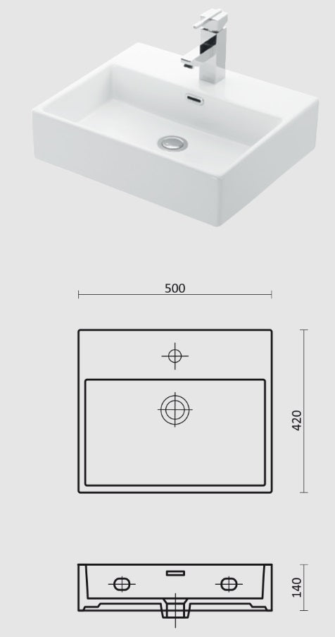 Серия Тринити 50 см. мивка Esvit 500 бяла за долен шкаф KERANOVA, технически чертежи и размери 500x420x140 мм