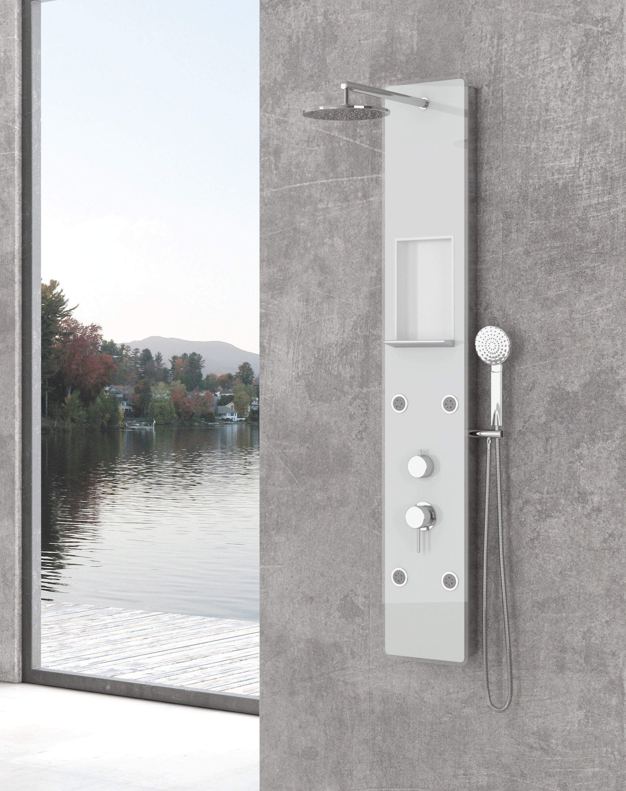 Душ панел Clio - бял хидромасажен PVC панел с темперирано стъкло, стационарен и подвижен душ, 4 хидромасажни джета - KERANOVA