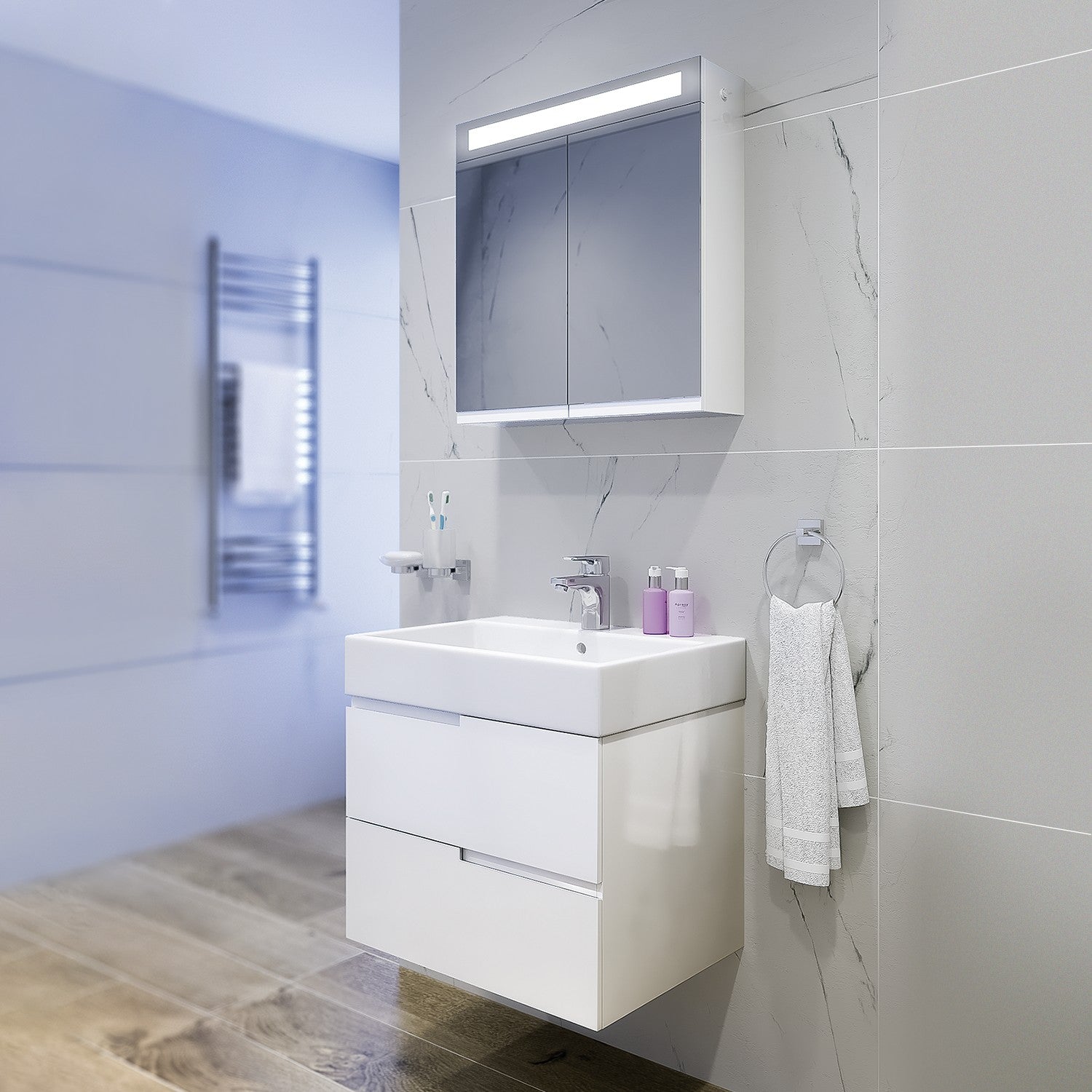 Серия Veloche 60 см. бял комплект за баня с LED огледален шкаф и мивка, онлайн магазин KERANOVA
