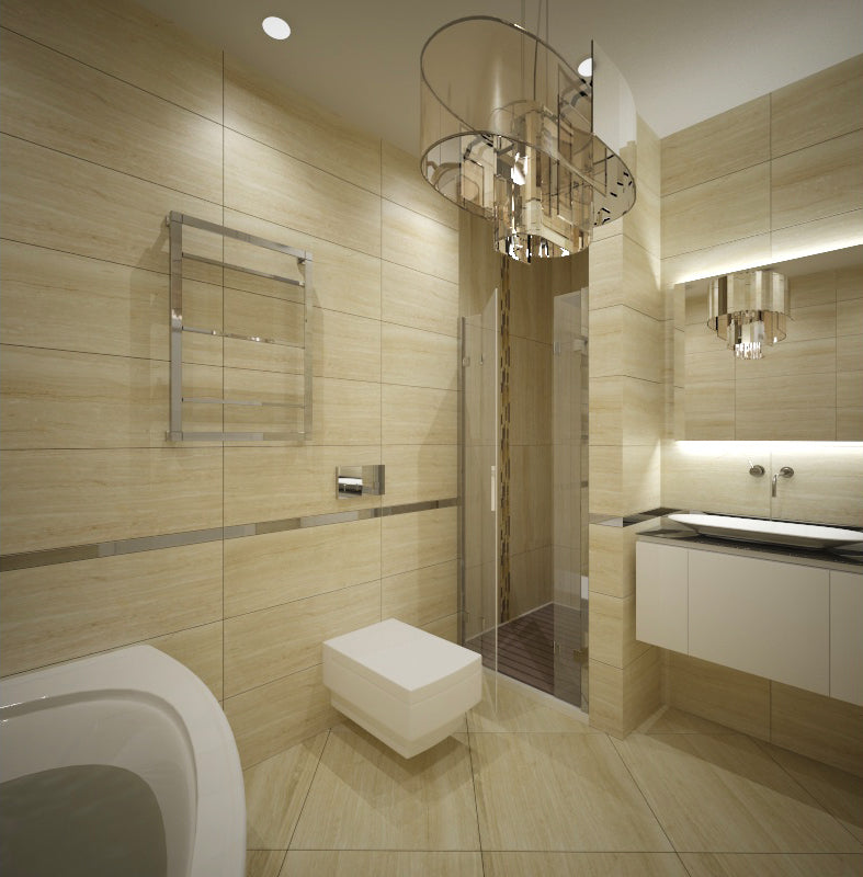 Баня Venatello 30x75 - Tubadzin: модерна баня с полски плочки 30x75, светлобежов дизайн, онлайн магазин за обзавеждане за бани KERANOVA