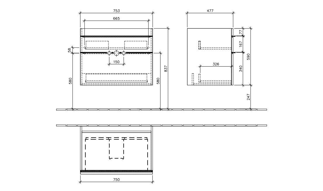 чертеж шкаф с мивка Venticello 80 Santana Oak - Villeroy & Boch с размери и оформени чекмеджета за онлайн магазин KERANOVA