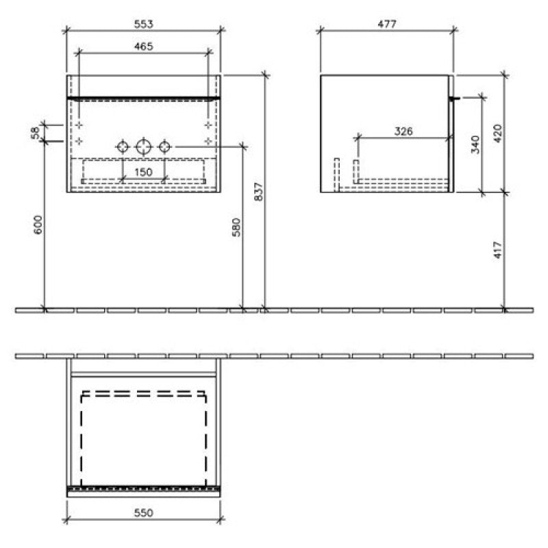 чертеж с размери на шкаф с мивка Venticello 60 White - Villeroy & Boch за онлайн магазин KERANOVA