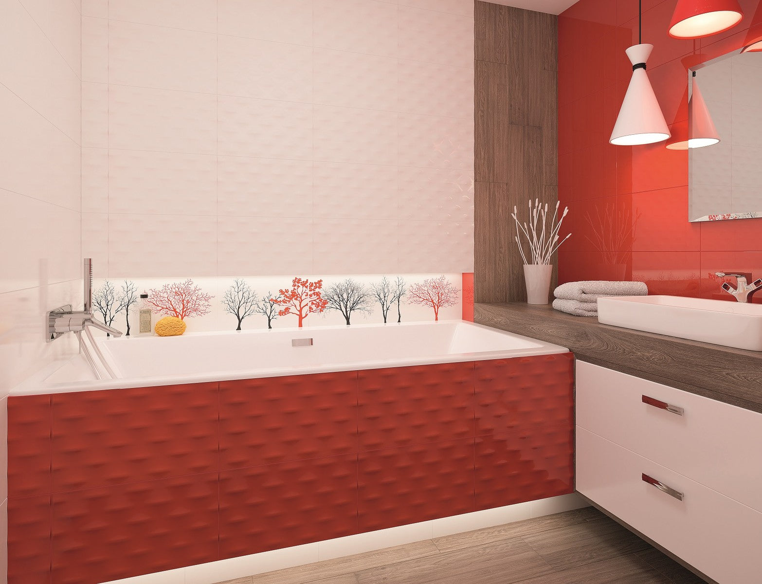 Баня Veo 25x40 см. модерен червено-бял дизайн с вана и декоративни панели – онлайн магазин за обзавеждане за бани KERANOVA