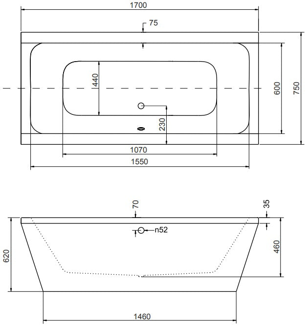 Свободно стояща вана Vera 170х75 и 180x80 см. – технически чертеж с размери и изгледи за монтаж, вариант 1700x750 мм