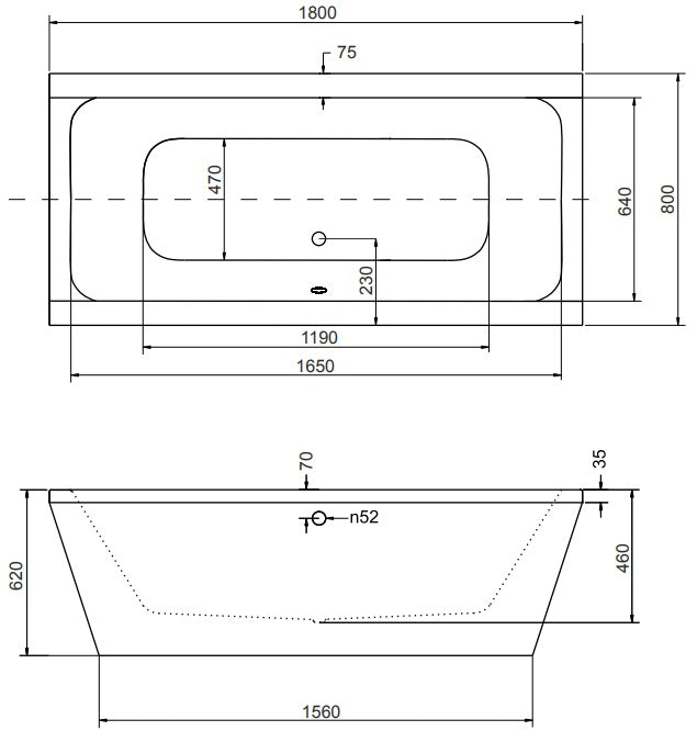 Свободно стояща вана Vera 170х75 и 180x80 см. - техничен монтажен чертеж с размери за онлайн магазин KERANOVA