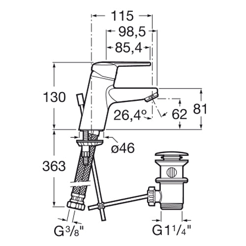 Комплект Victoria XL 3 в 1 Roca - технически чертеж на смесител за умивалник с размери и изпразнител, KERANOVA онлайн магазин
