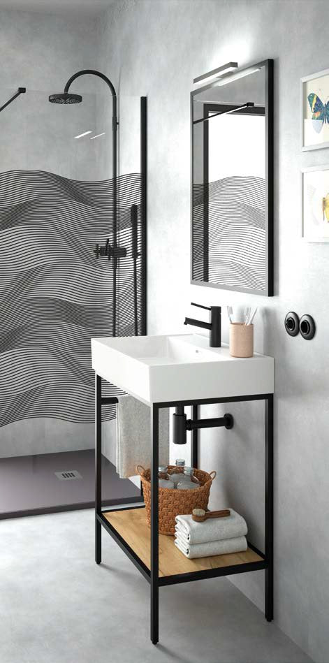 Серия Vinci 60 см. - Африкански дъб и черен мат баня с черна алуминиева рамка, порцеланова мивка и регулируеми крака — KERANOVA онлайн магазин