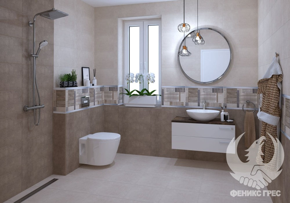 Баня Vision 30x60 - Anka Seramik в бежова модерна баня с декор VISION BEIGE, огледало и мивка от онлайн магазин KERANOVA