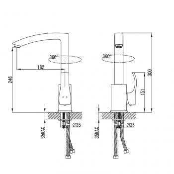 Кухненски смесител Fagus с хромирана повърхност, технически чертеж и размери за онлайн магазин KERANOVA