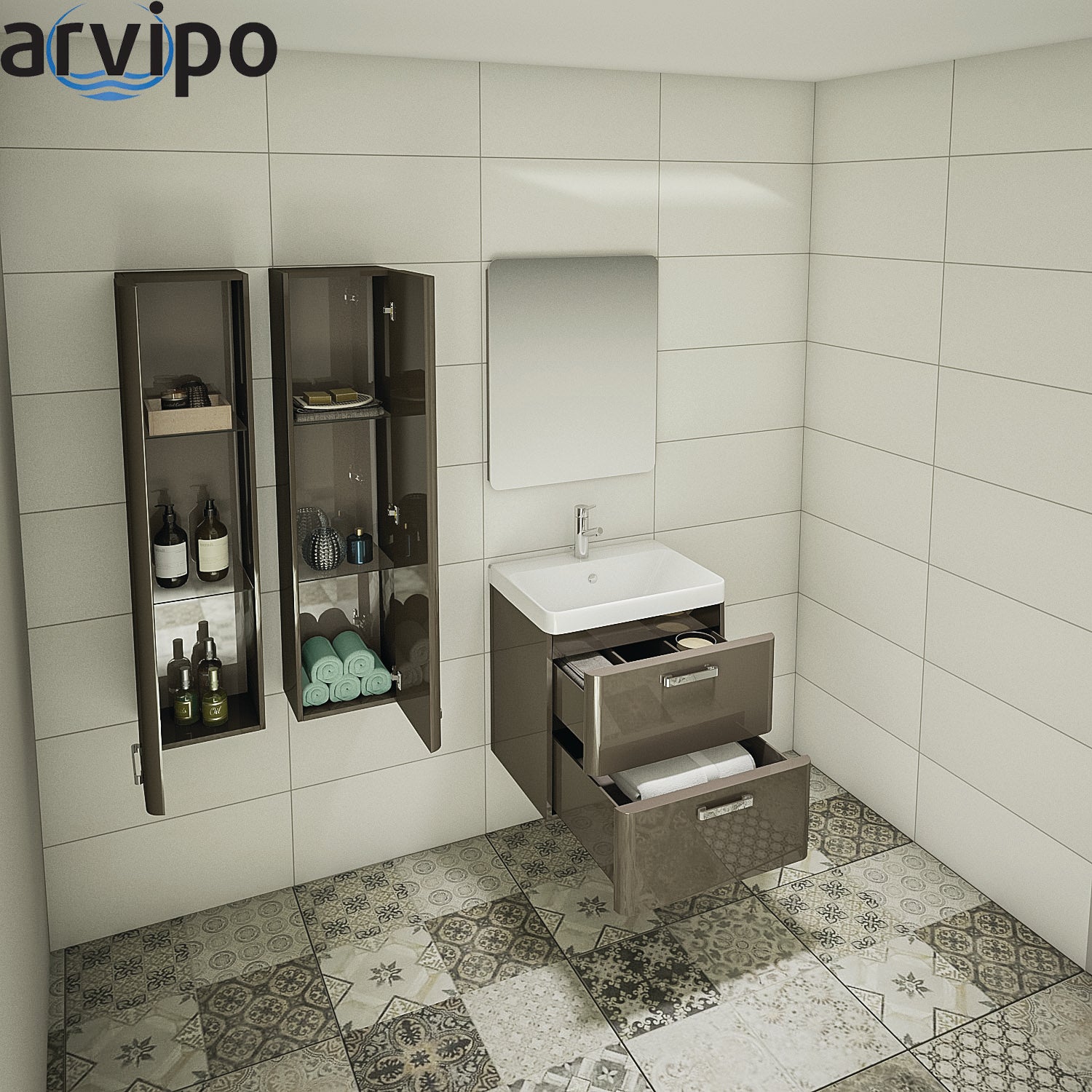 Серия Vogue 60 с врати - PVC шкаф с мивка и огледало, стенен шкаф-колона и чекмеджета, бяло/RAL вариант - KERANOVA магазин