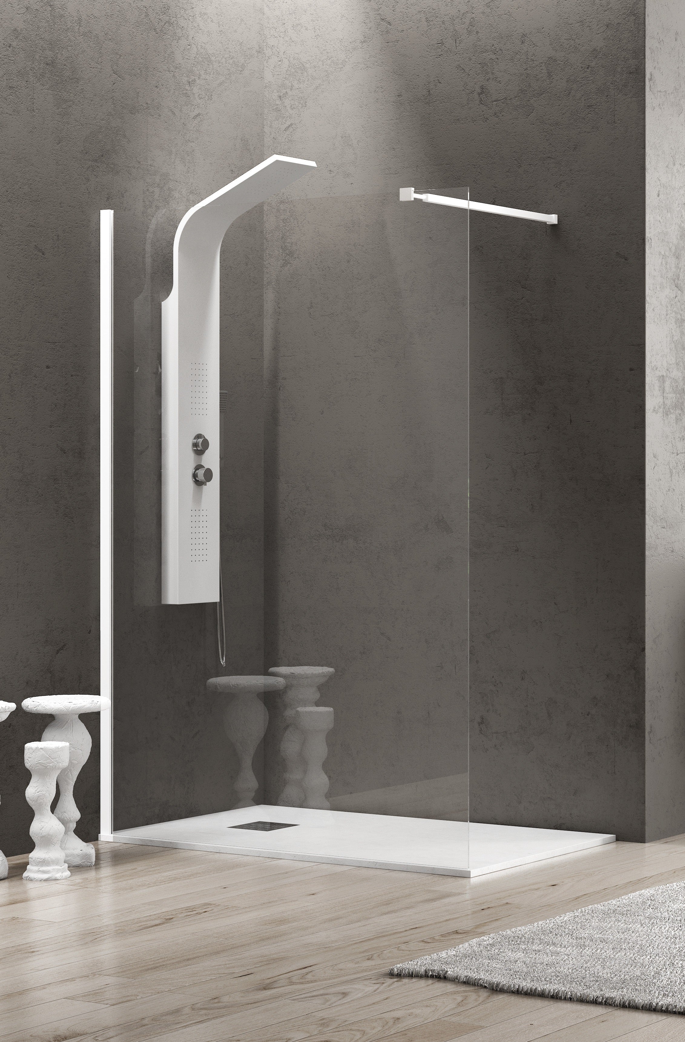 Walkin 1 Bianco - 50х200 см. - бял профил, статичен параван за баня с 8 мм закалено стъкло, анти-калк, телескопичен държач, KERANOVA онлайн магазин