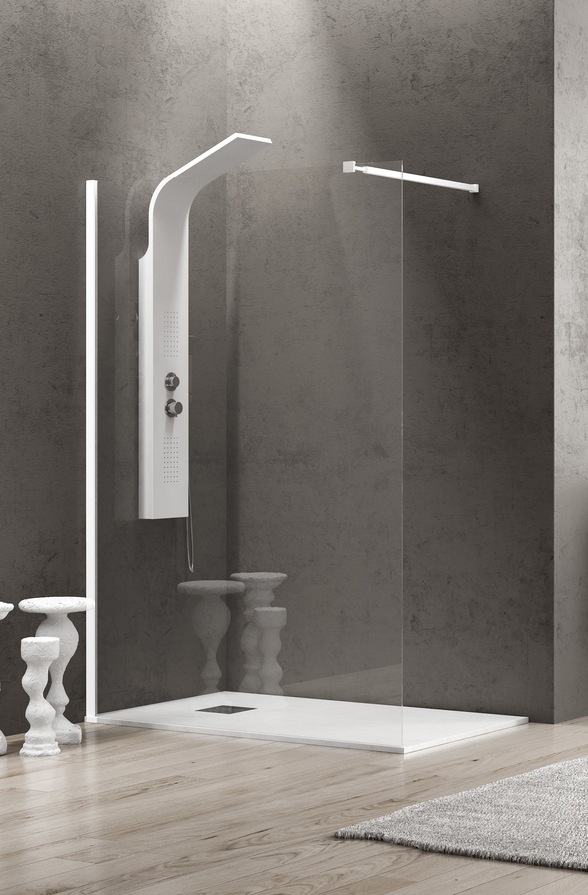 Walkin 1 Bianco - 60х200 см. - бял профил статичен параван за баня с 8 мм закалено стъкло, телескопичен държач, анти калк покритие - KERANOVA