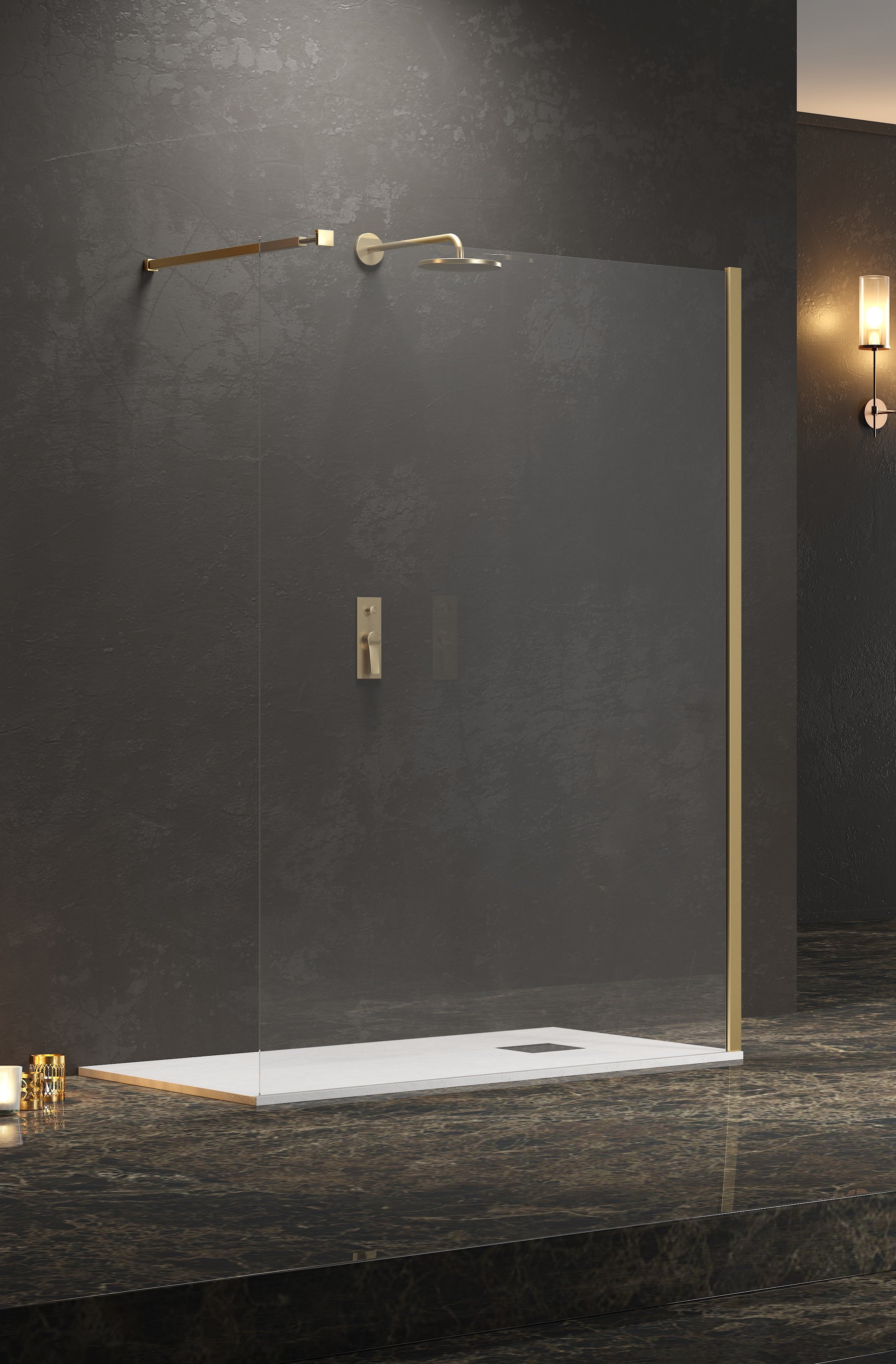 Walkin 1 Gold - 120х200 см. - златен обков статичен параван за баня с матов златен алуминиев профил и 8 мм закалено стъкло